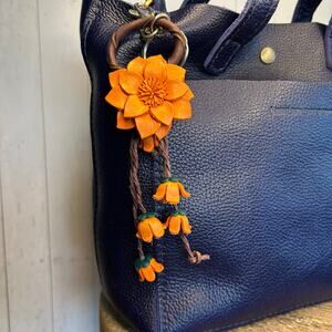 Orange Flower Purse Charm Genuine Leather Bag Charm Pansies Dahlia NEW FAST SHIP